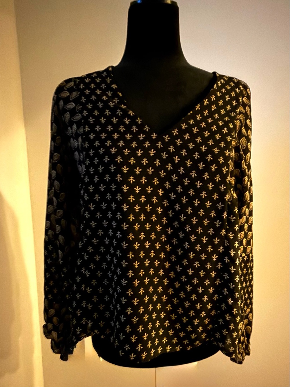 Madewell Black Print V-Neck Peasant Blouse Size S